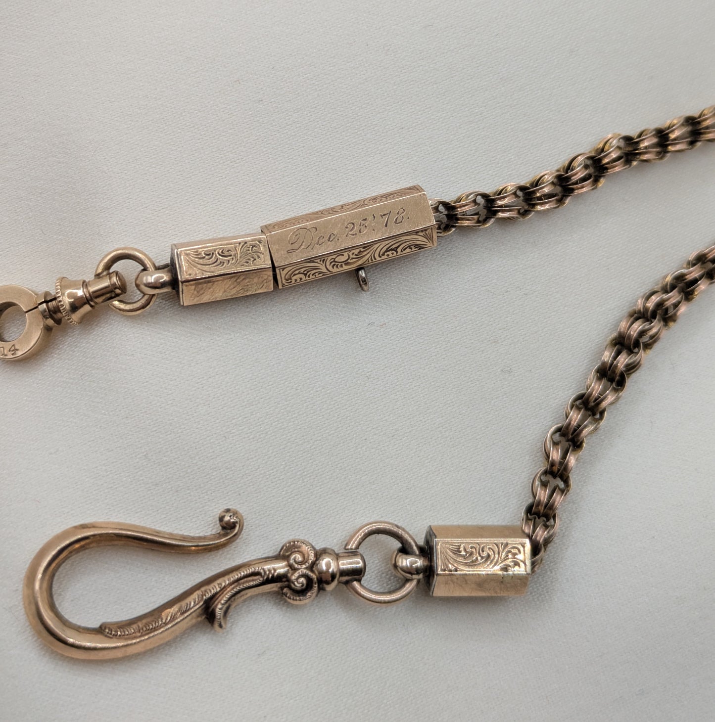 Victorian Watch Chain Necklace with dated Christmas 1878 charm holder, watch hook