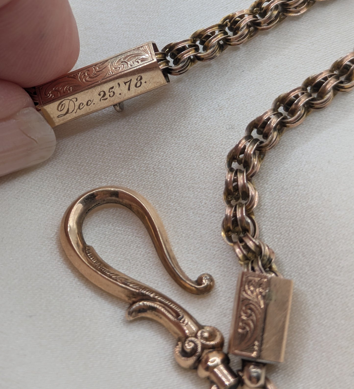 Victorian Watch Chain Necklace with dated Christmas 1878 charm holder, watch hook