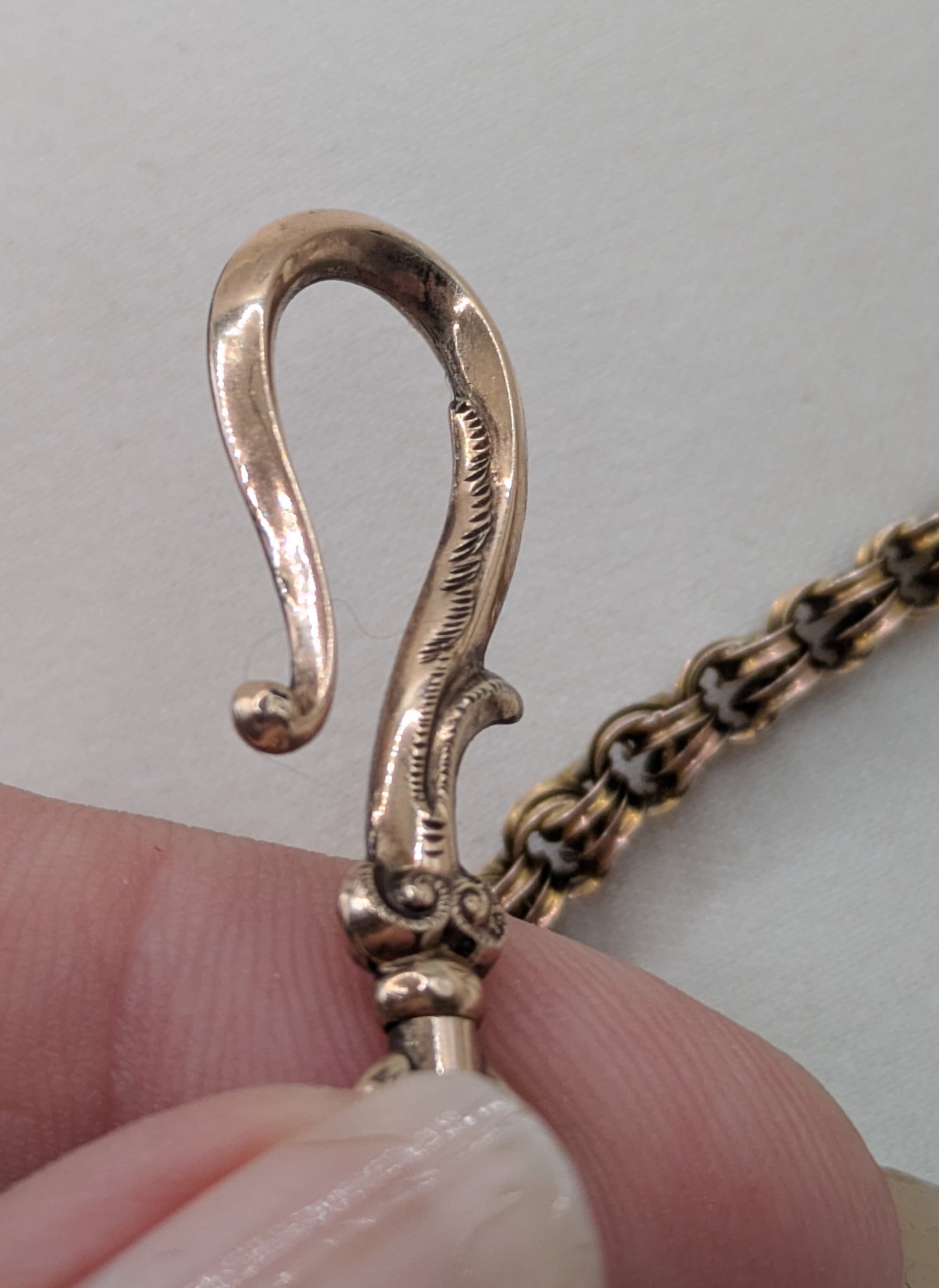 Victorian Watch Chain Necklace with dated Christmas 1878 charm holder, watch hook