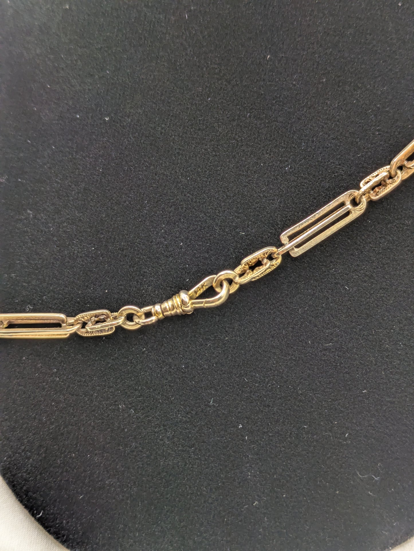 Antique Solid Gold watch Chain Necklace 14k Fancy Trombone and Engraved Links 23.1 grams!