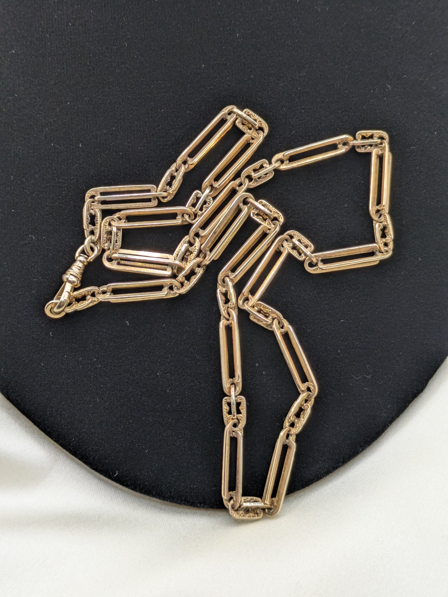 Antique Solid Gold watch Chain Necklace 14k Fancy Trombone and Engraved Links 23.1 grams!