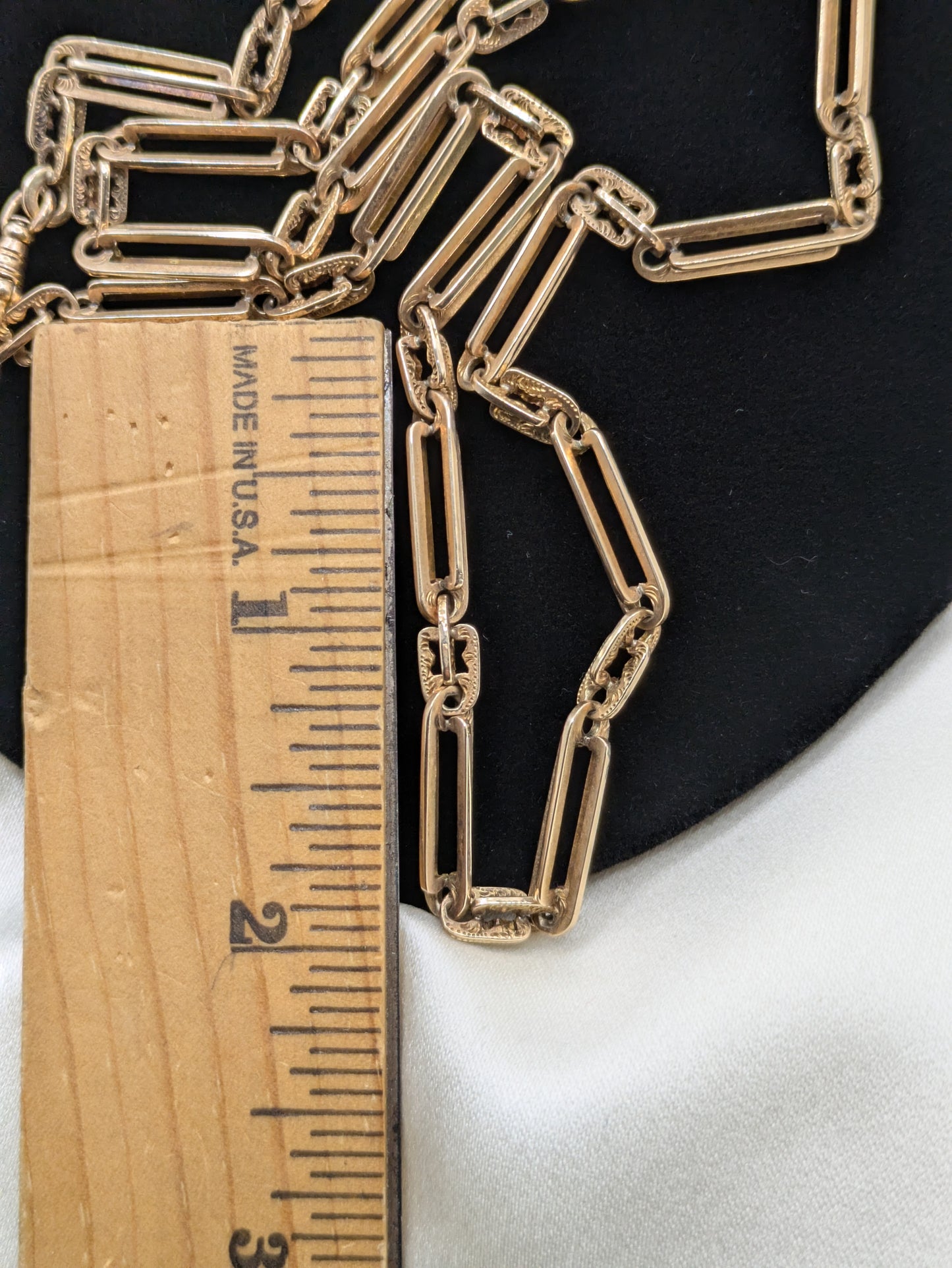 Antique Solid Gold watch Chain Necklace 14k Fancy Trombone and Engraved Links 23.1 grams!