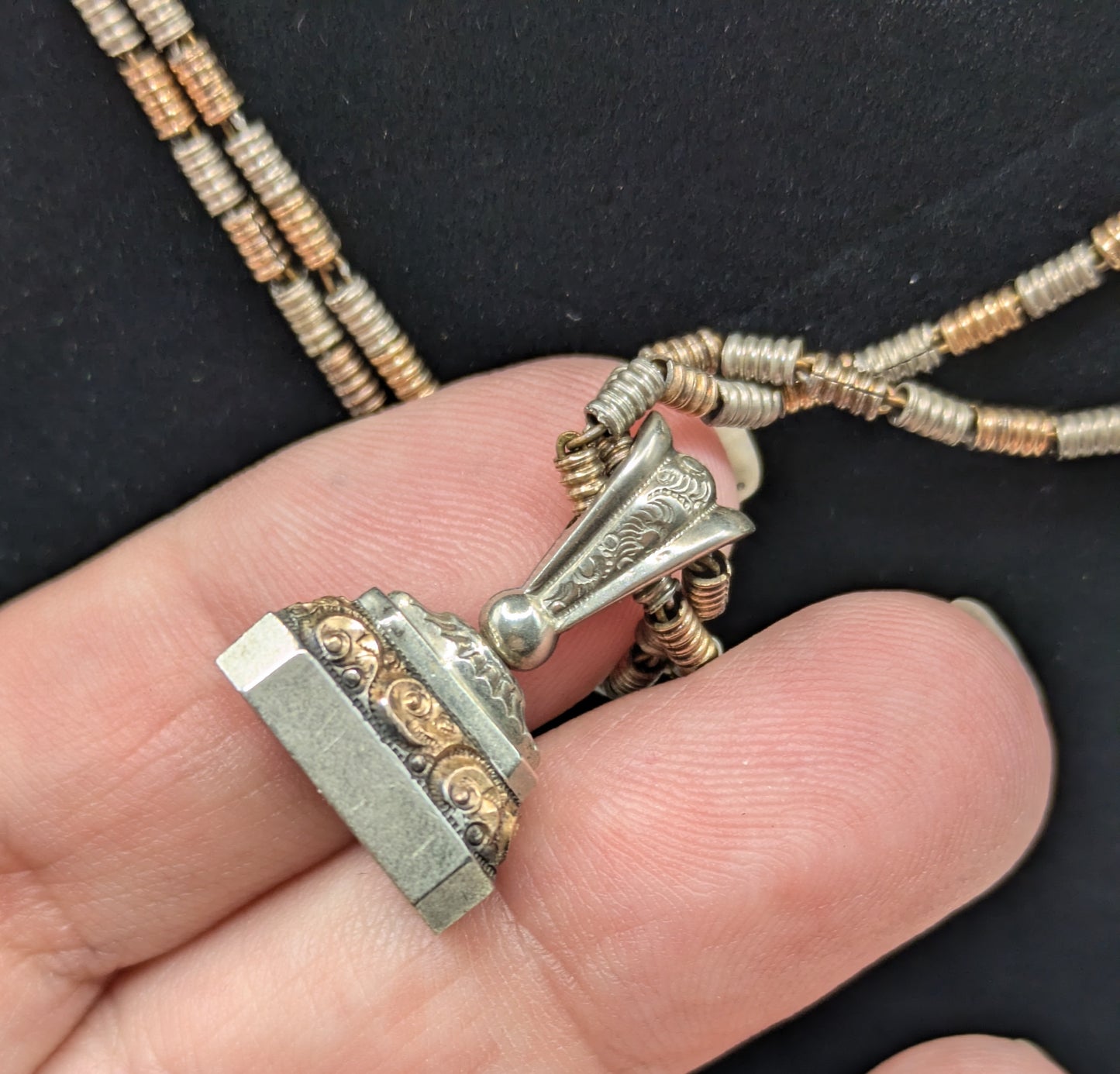 Antique 1920s two tone gold filled watch chain necklace 20"pink and white gold