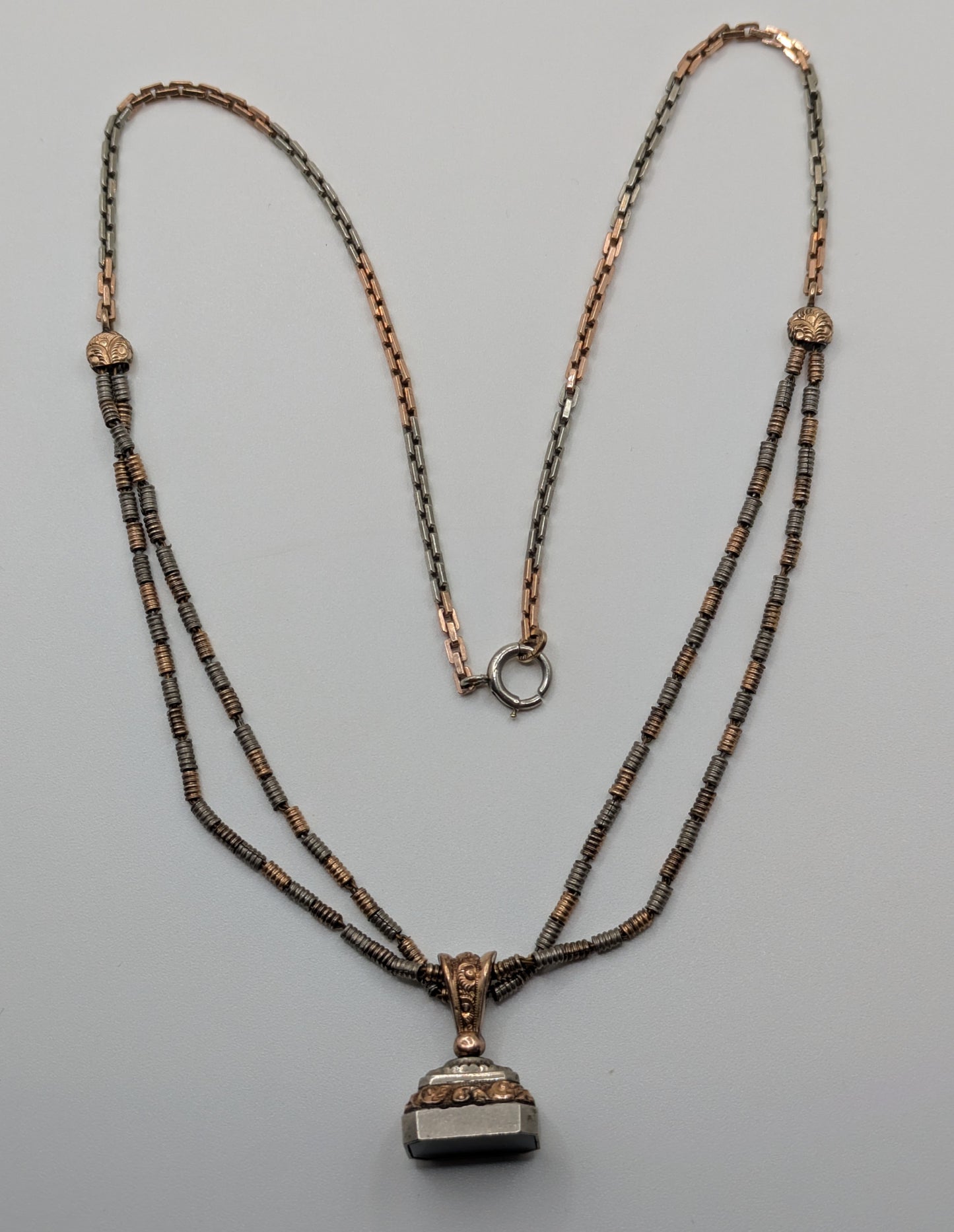 Antique 1920s two tone gold filled watch chain necklace 20"pink and white gold