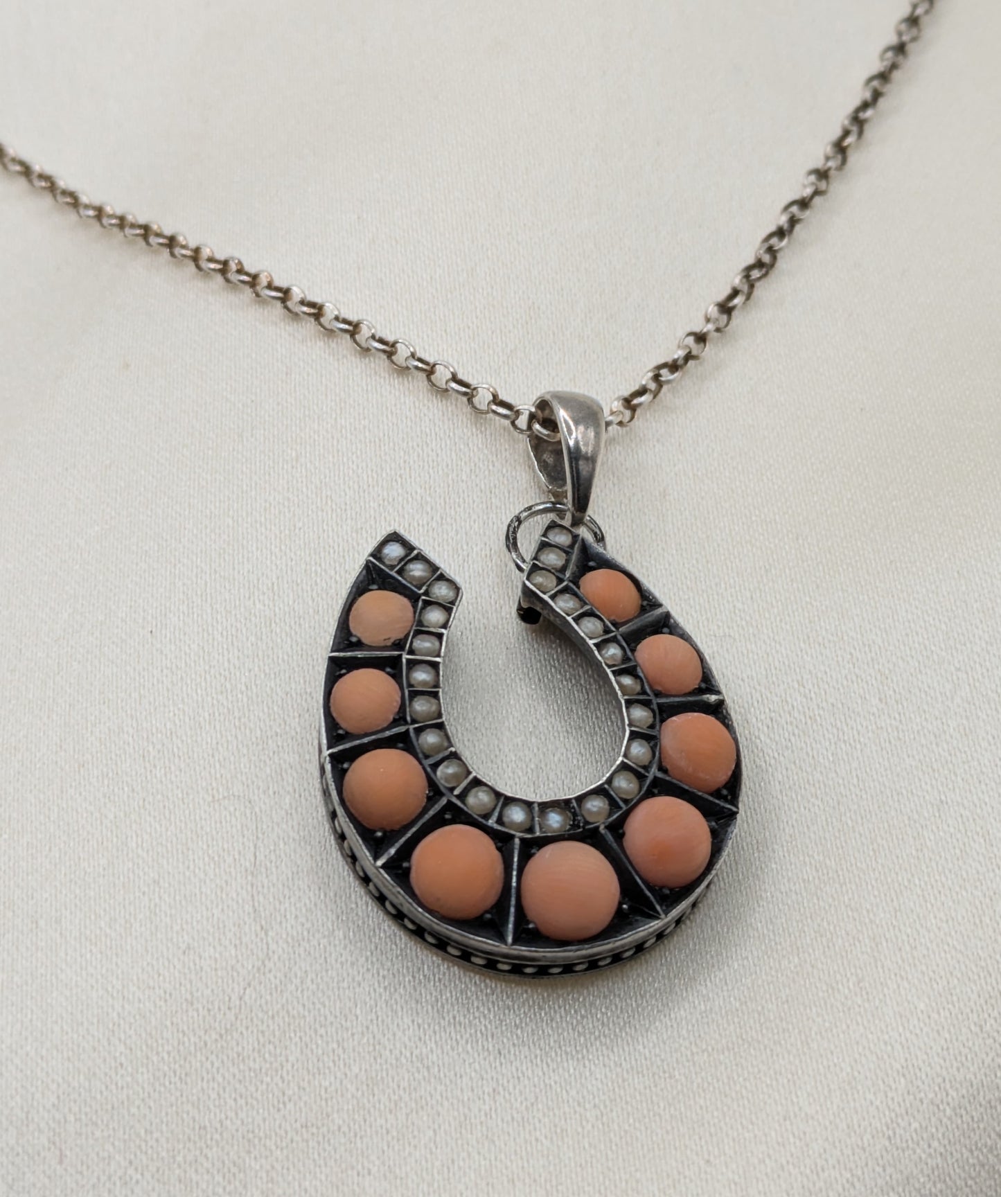 Antique Victorian Coral Pearl Horseshoe Pendant Good Luck c.1880