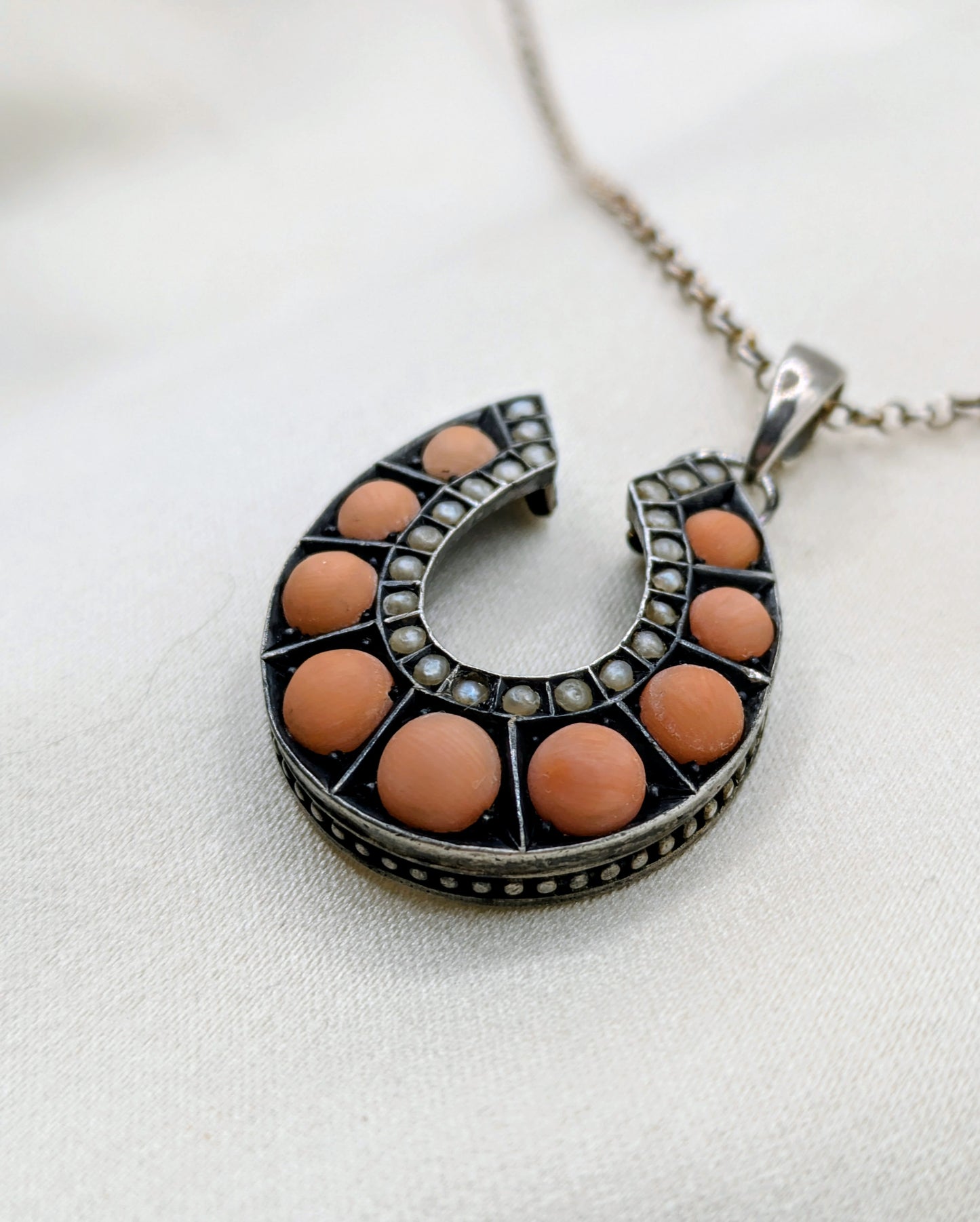 Antique Victorian Coral Pearl Horseshoe Pendant Good Luck c.1880