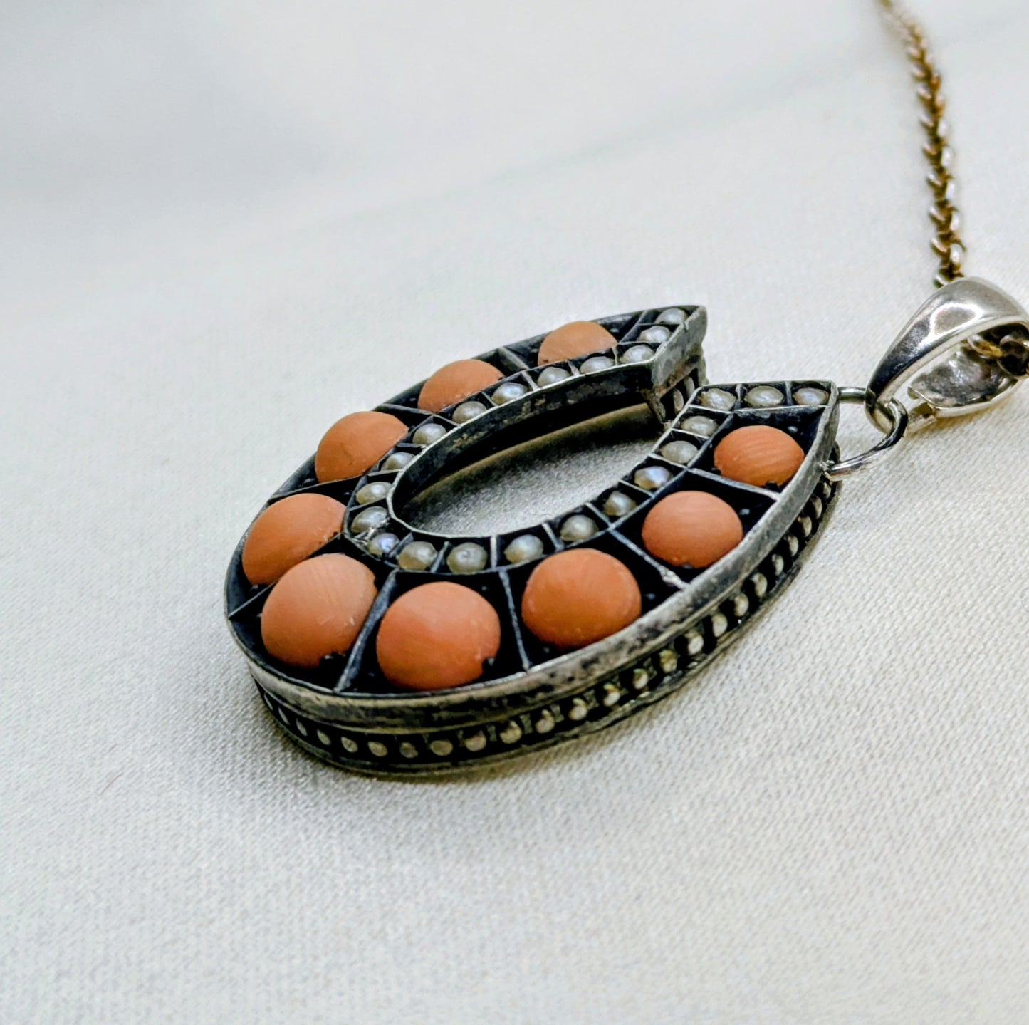 Antique Victorian Coral Pearl Horseshoe Pendant Good Luck c.1880