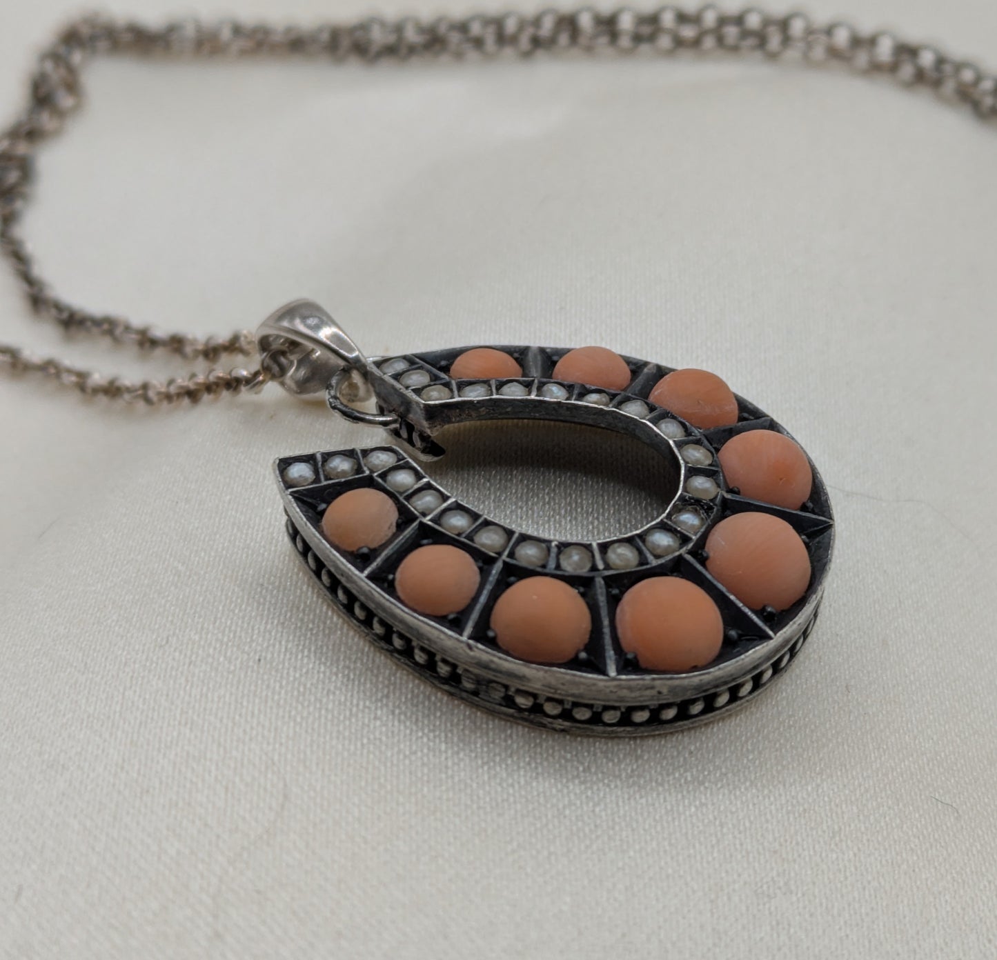 Antique Victorian Coral Pearl Horseshoe Pendant Good Luck c.1880