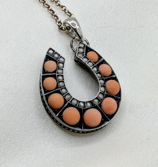 Antique Victorian Coral Pearl Horseshoe Pendant Good Luck c.1880