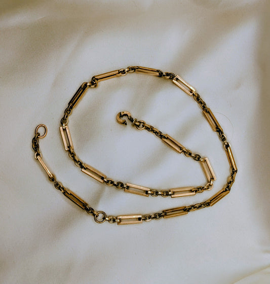Antique rare 21"watch chain rectangular and round links, large golf filled, wear two ways!
