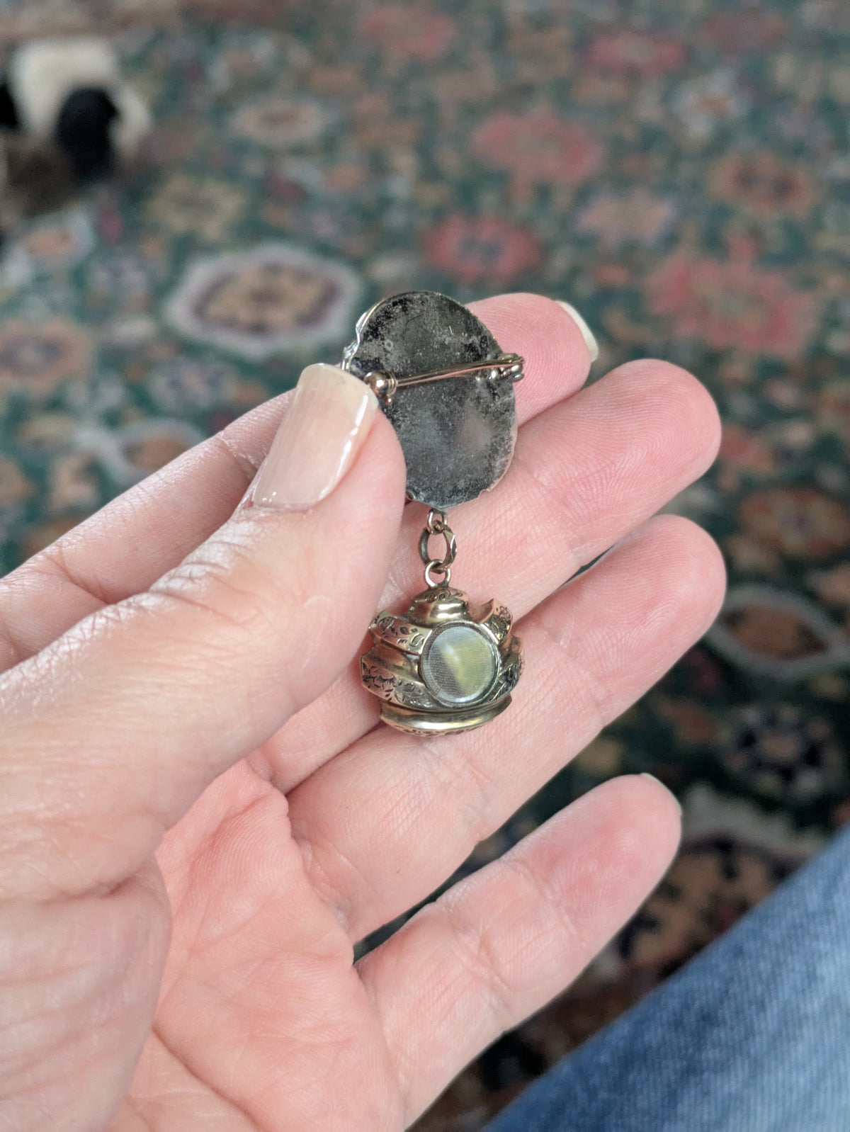 Early Victorian Hot Air Balloon Mourning Brooch with glazed locket, circa 1845