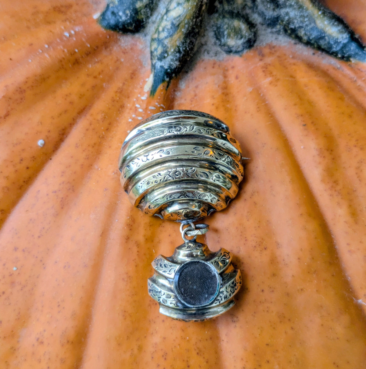 Early Victorian Hot Air Balloon Mourning Brooch with glazed locket, circa 1845