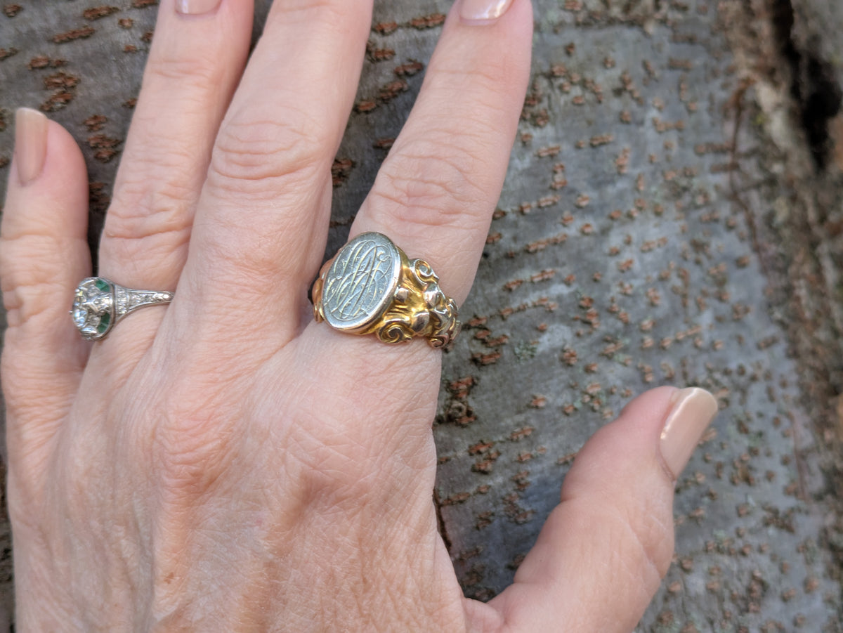Antique 10k Gold signet Ring Pan Gargoyle west Wind God 10 grams
