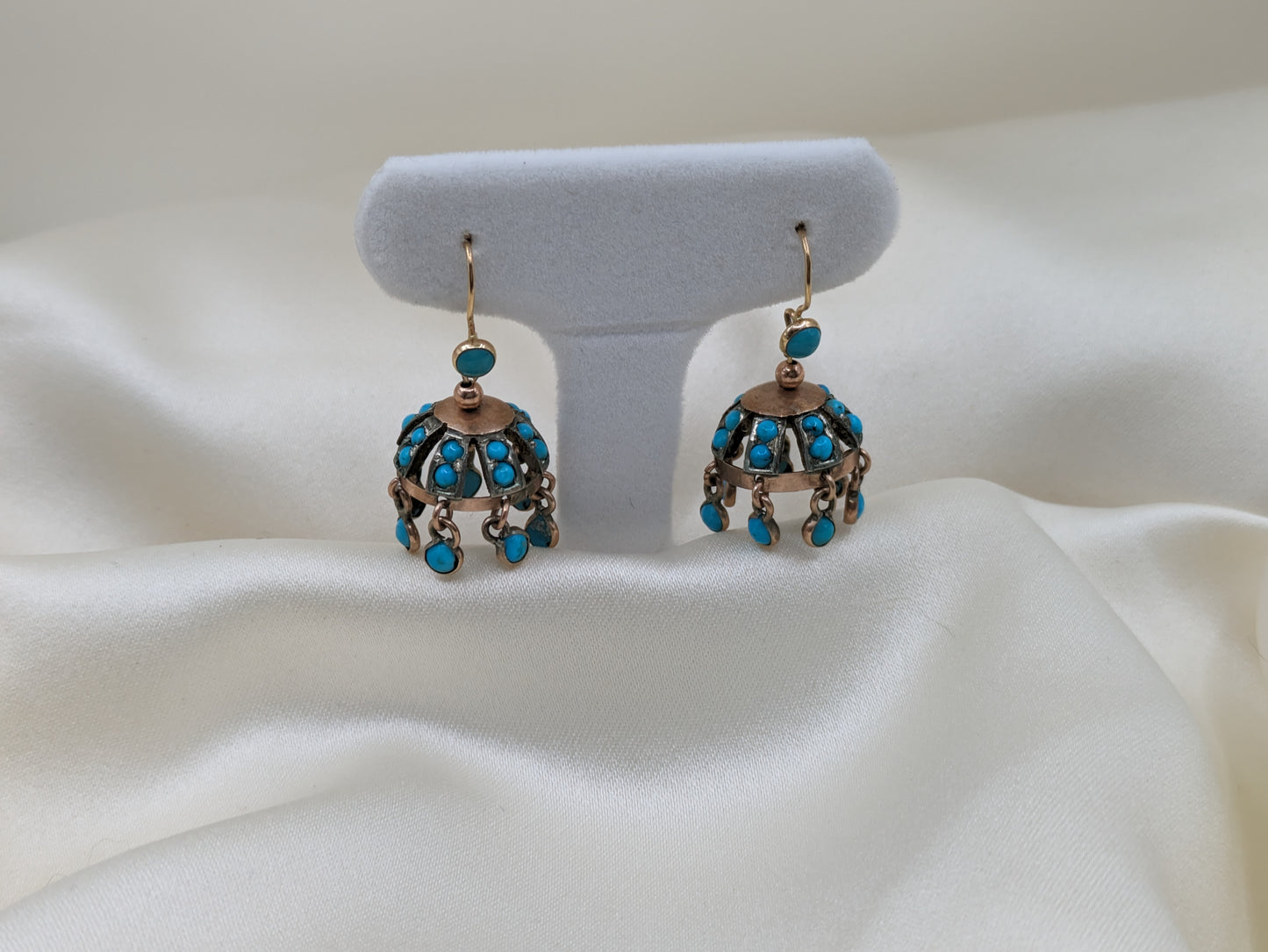 Sassy Victorian Turquoise Fringed Chandelier Earrings in Gold and Silver