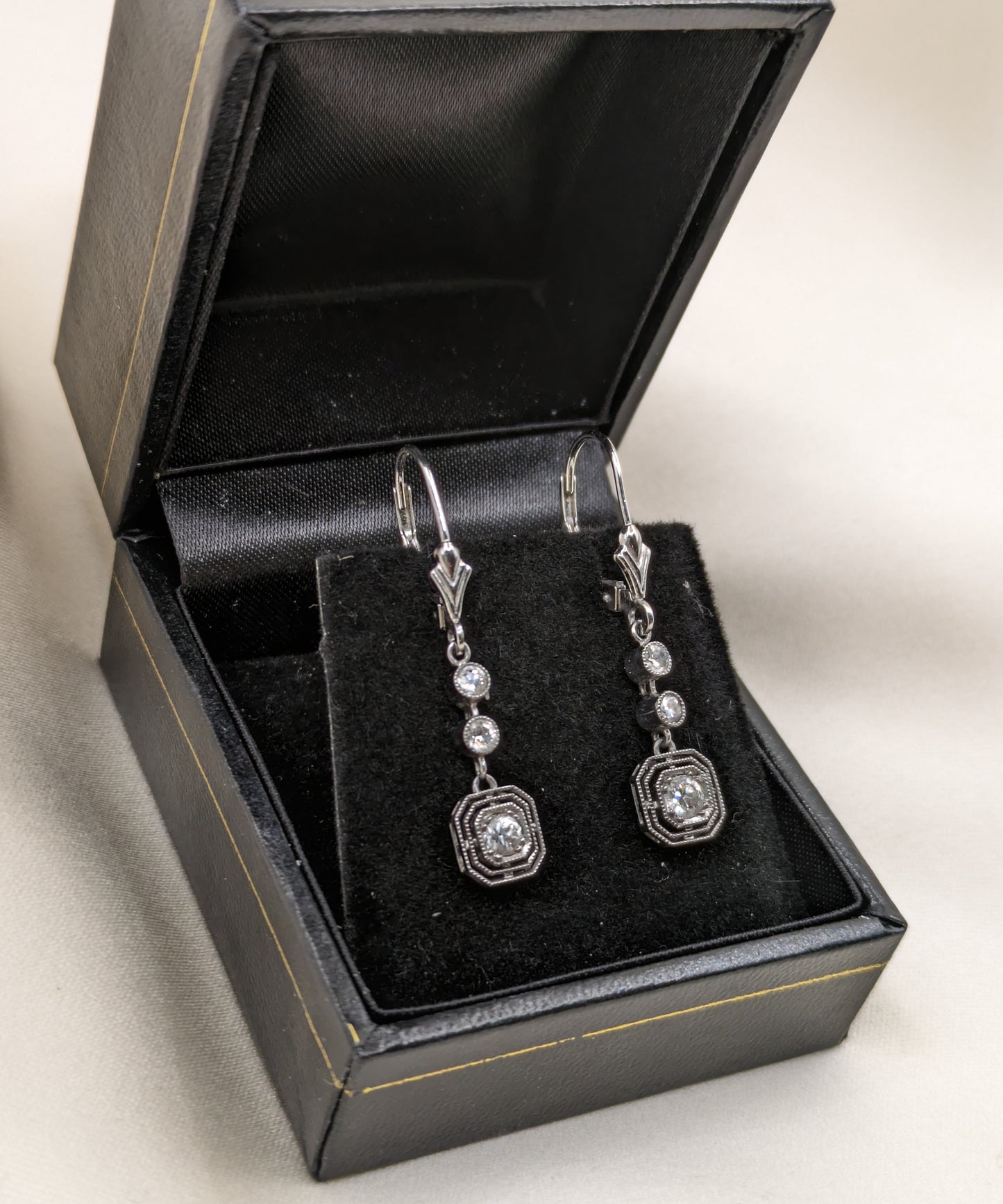 Platinum Art Deco 1920s Diamond Drop Earrings 14k wires