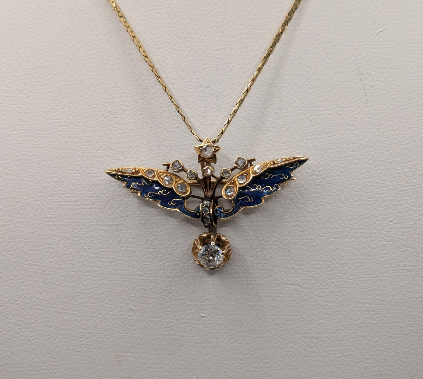 Victorian 18k Gold Blue Enamel Diamond Wings Pendant/ Brooch with 4.8mm Diamond Charm