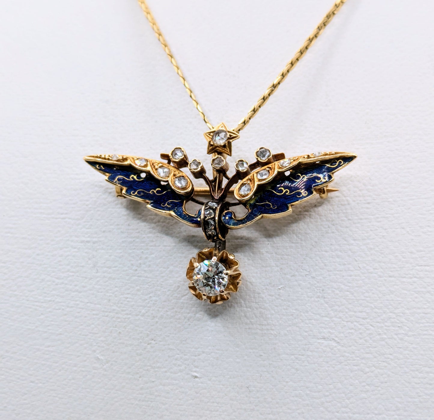 Victorian 18k Gold Blue Enamel Diamond Wings Pendant/ Brooch with 4.8mm Diamond Charm