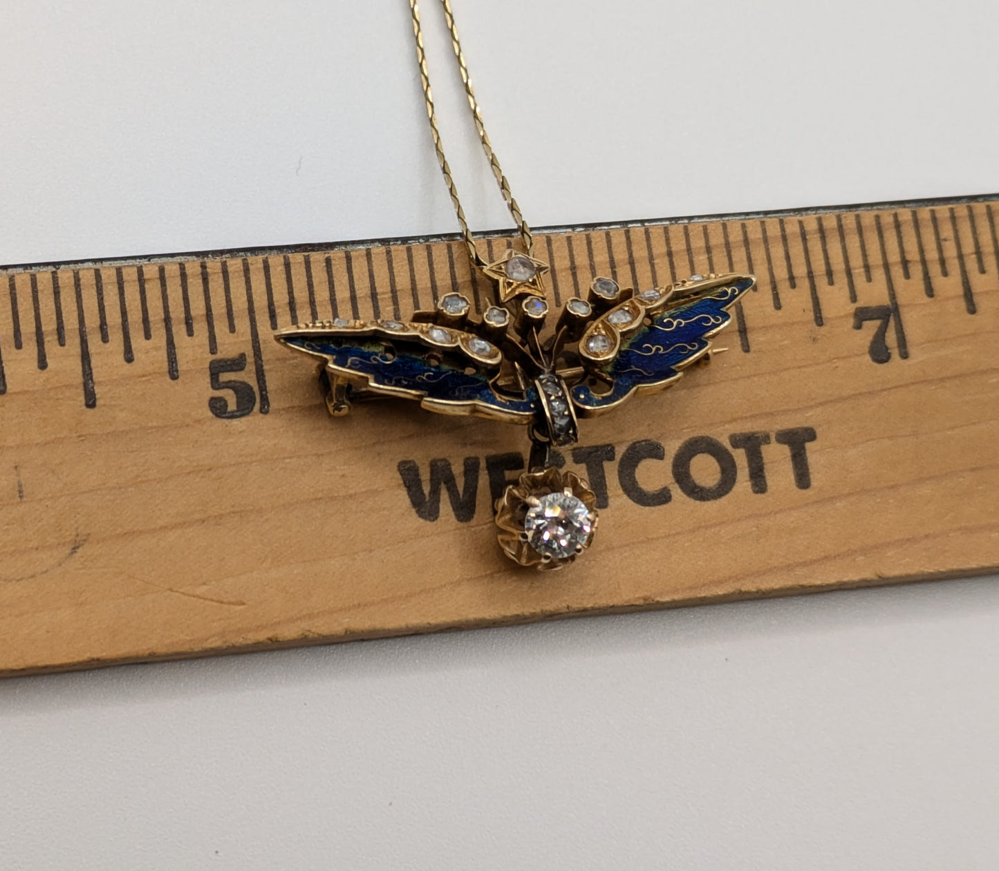 Victorian 18k Gold Blue Enamel Diamond Wings Pendant/ Brooch with 4.8mm Diamond Charm