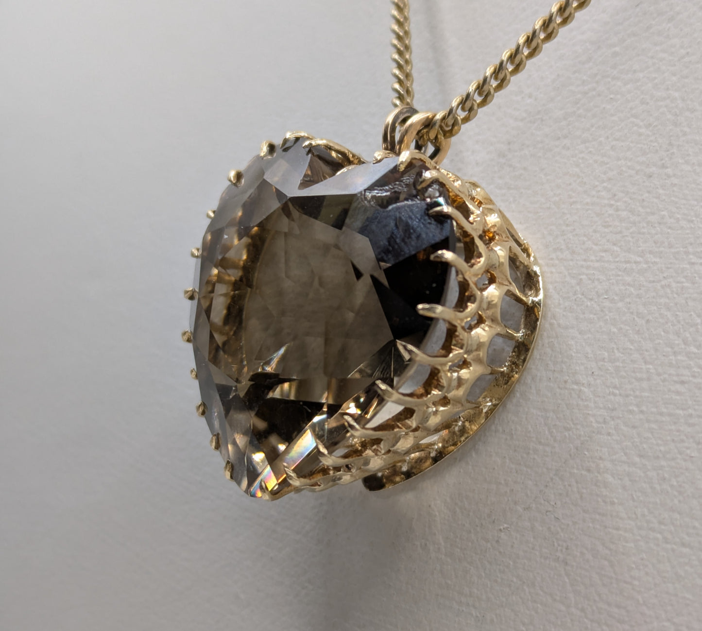 Huge Smokey Quartz Faceted Heart Pendant  in 14k Settng