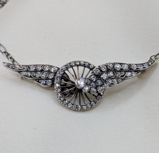 Incredible Victorian Old Mine Cut Diamond Winged Wheel Necklace