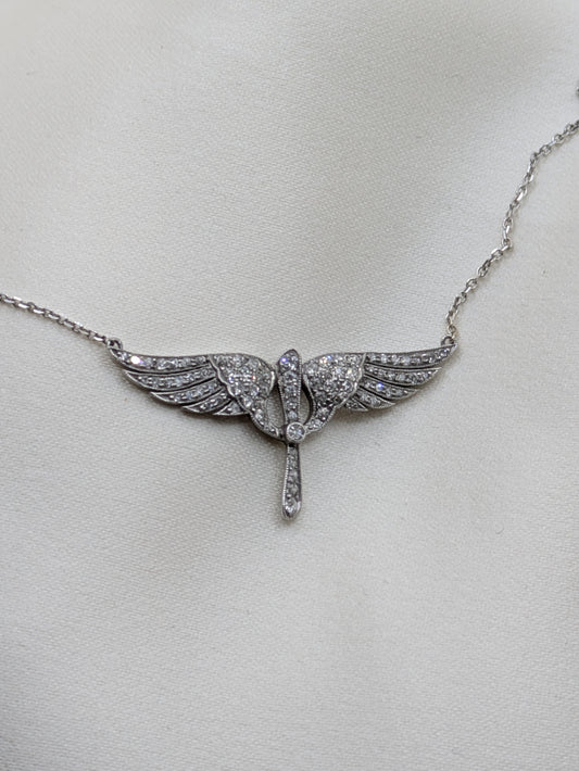 Platinum Diamond Propeller and Wings Necklace 14k chain