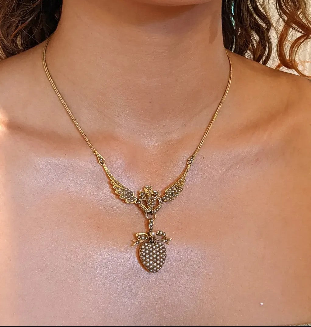 Incredible Edwardian 15k split pearl winged heart locket necklace, dynamic!