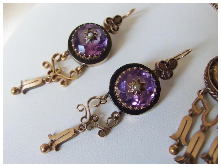 Stunning Victorian 10K Gold Amethyst Earrings Pendant Demi Parure Pearls Stars!