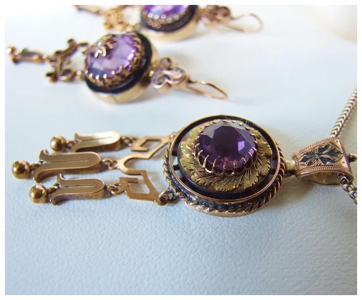 Stunning Victorian 10K Gold Amethyst Earrings Pendant Demi Parure Pearls Stars!