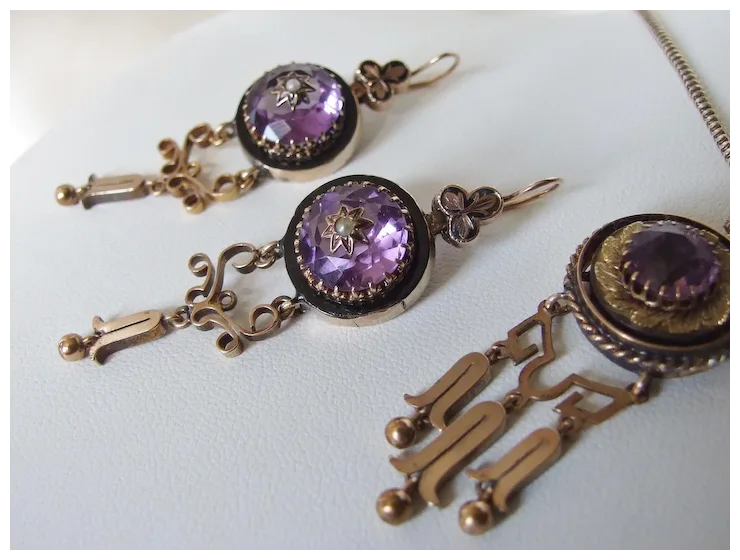 Stunning Victorian 10K Gold Amethyst Earrings Pendant Demi Parure Pearls Stars!