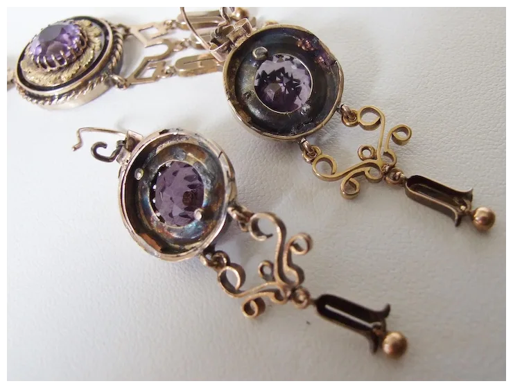 Stunning Victorian 10K Gold Amethyst Earrings Pendant Demi Parure Pearls Stars!