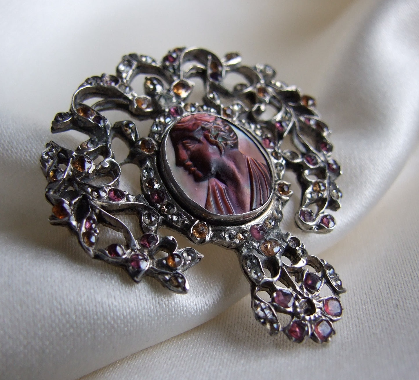 Georgian Rose Diamond Topaz Garnet Cameo Brooch