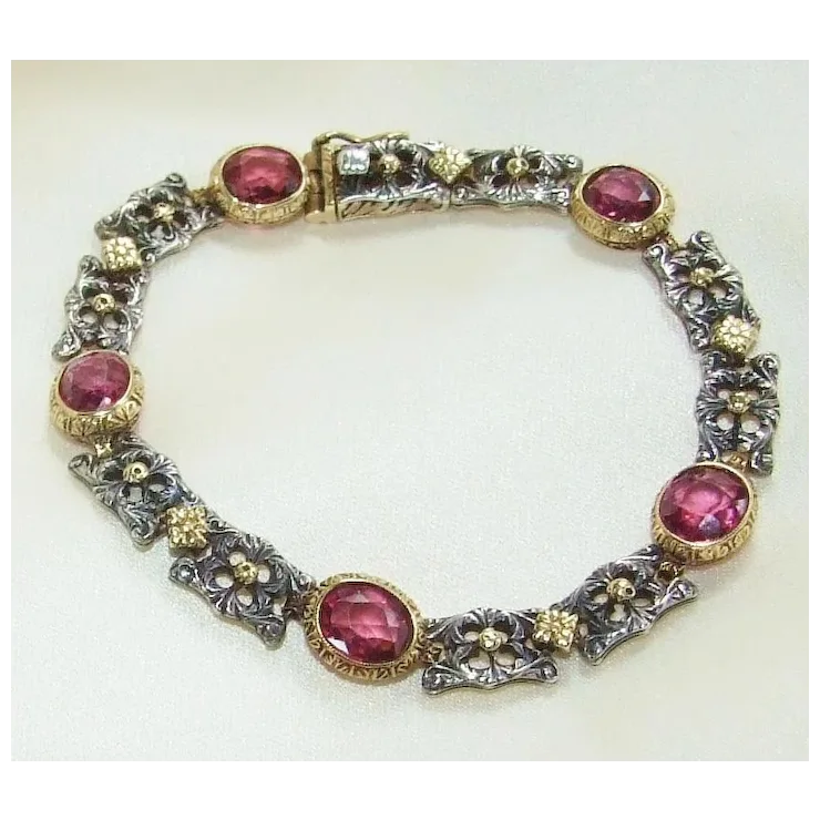 Unique Victorian Renaissance Revival Pink Sapphire Gold and Silver Bracelet Appraisal included