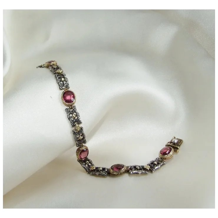 Unique Victorian Renaissance Revival Pink Sapphire Gold and Silver Bracelet Appraisal included