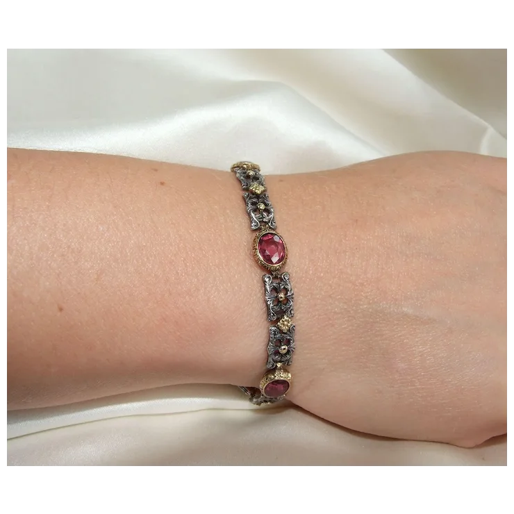 Unique Victorian Renaissance Revival Pink Sapphire Gold and Silver Bracelet Appraisal included