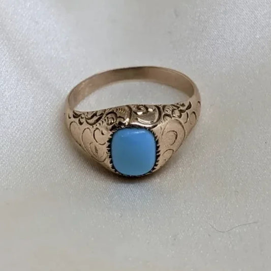 Victorian 12k Gold Turquoise Cabochon Ring Engraved!