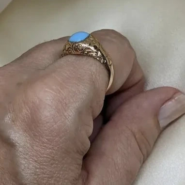 Victorian 12k Gold Turquoise Cabochon Ring Engraved!