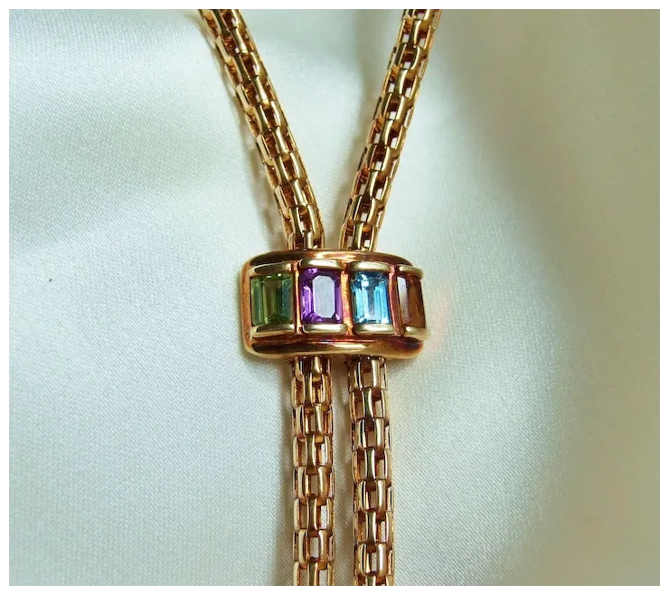 Vintage Revival 14K Gold Mesh Slide Bolo Chain Citrine Amethyst Peridot