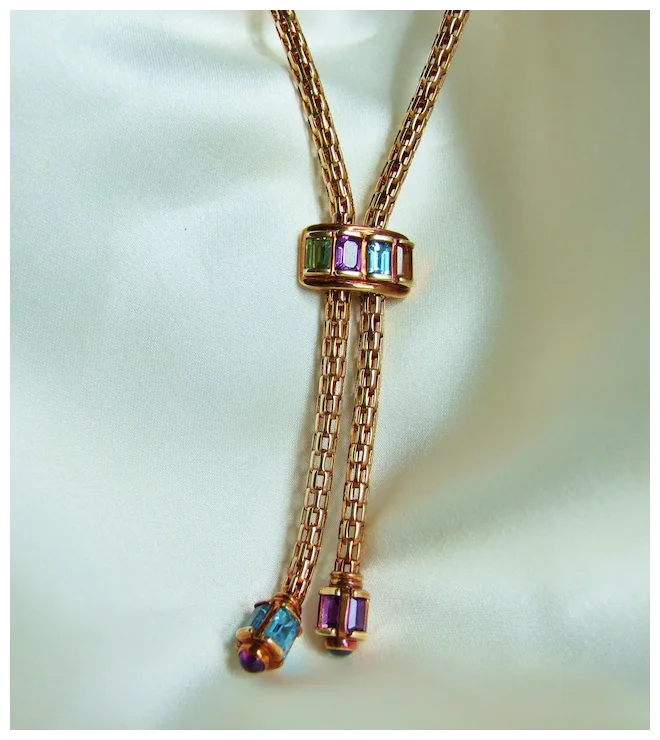 Vintage Revival 14K Gold Mesh Slide Bolo Chain Citrine Amethyst Peridot