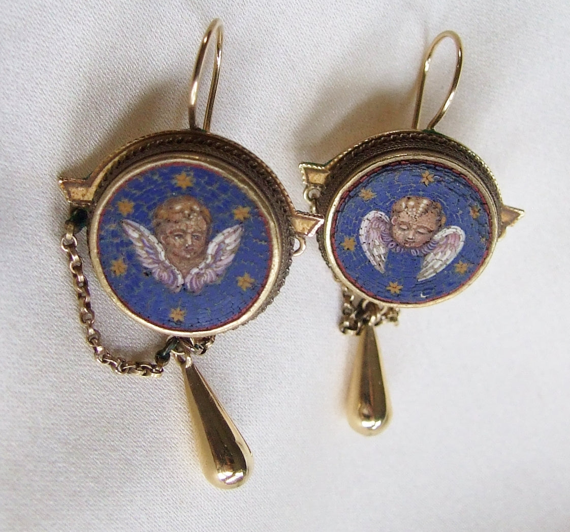 Rare and Incredible Mid 19th Century Micro Mosaic Cherub Angel Earrings