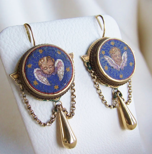 Rare and Incredible Mid 19th Century Micro Mosaic Cherub Angel Earrings