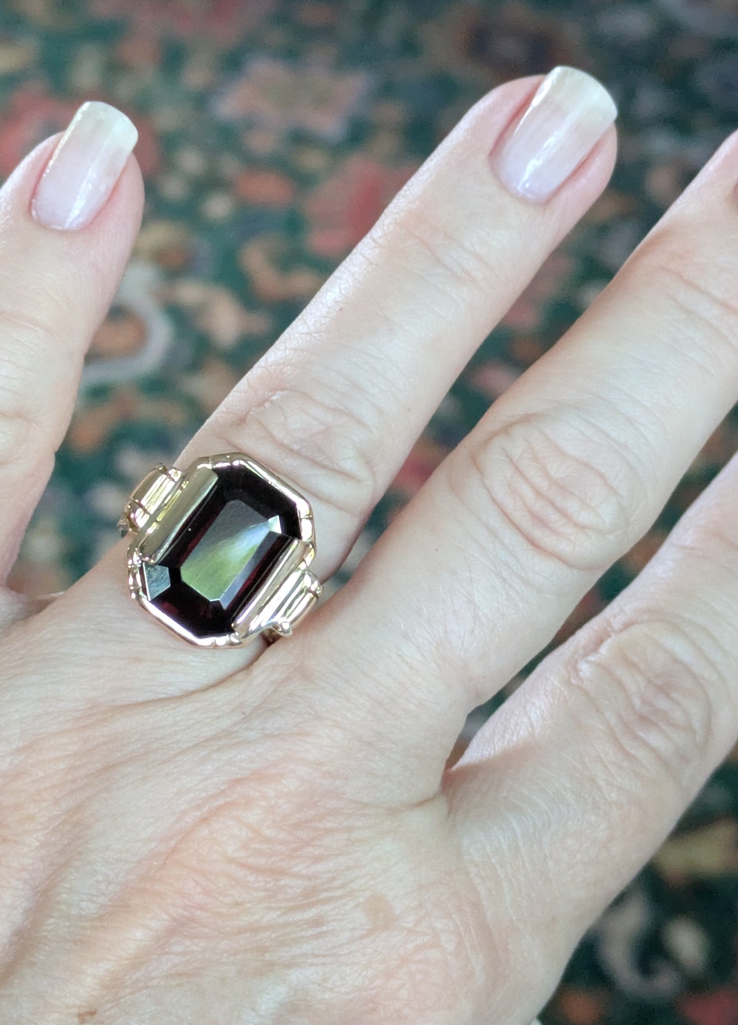 Victorian heavy 14k gold large emerald cut Rhodalite Garnet with Clover embossed band signet cigar ring