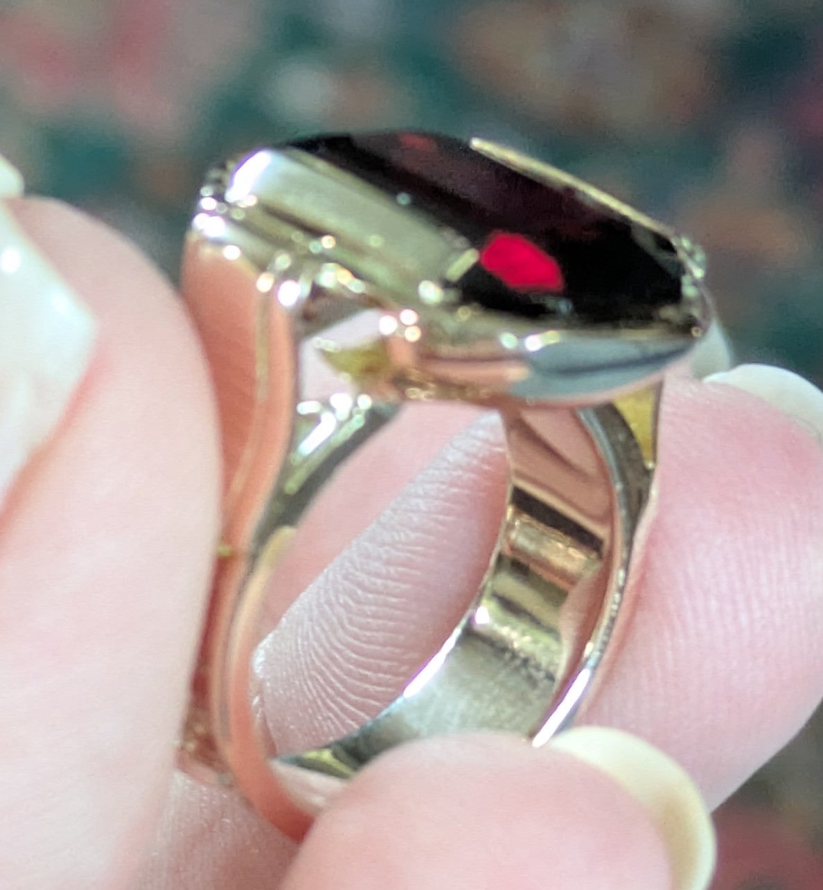 Victorian heavy 14k gold large emerald cut Rhodalite Garnet with Clover embossed band signet cigar ring