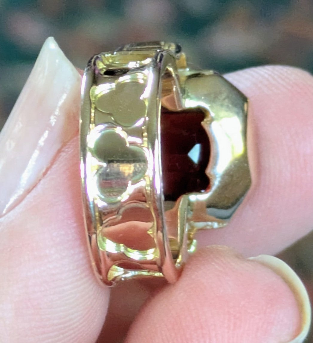 Victorian heavy 14k gold large emerald cut Rhodalite Garnet with Clover embossed band signet cigar ring