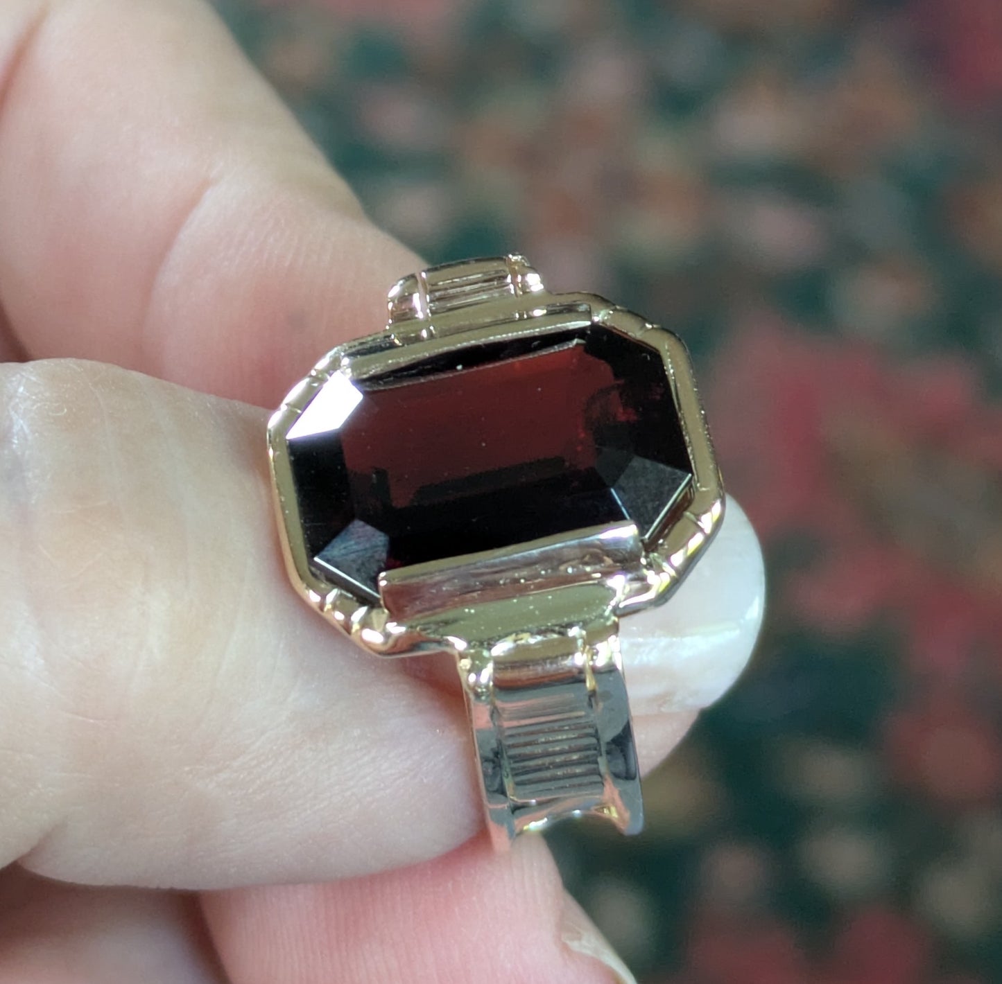 Victorian heavy 14k gold large emerald cut Rhodalite Garnet with Clover embossed band signet cigar ring