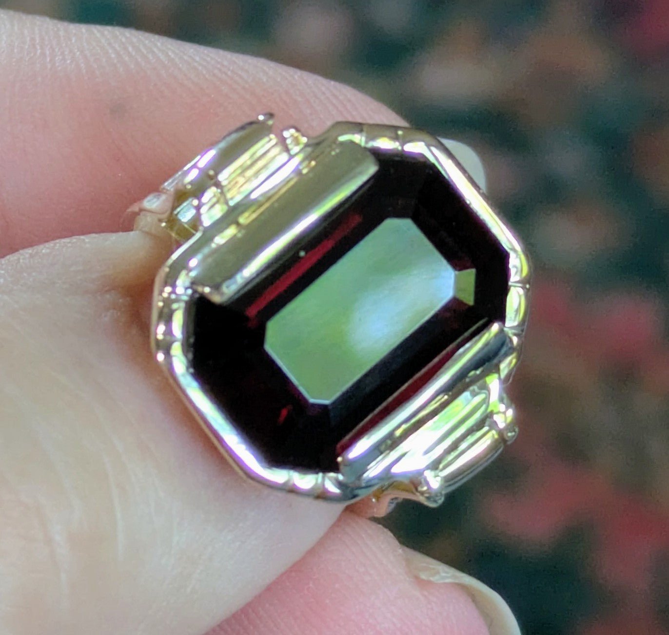 Victorian heavy 14k gold large emerald cut Rhodalite Garnet with Clover embossed band signet cigar ring