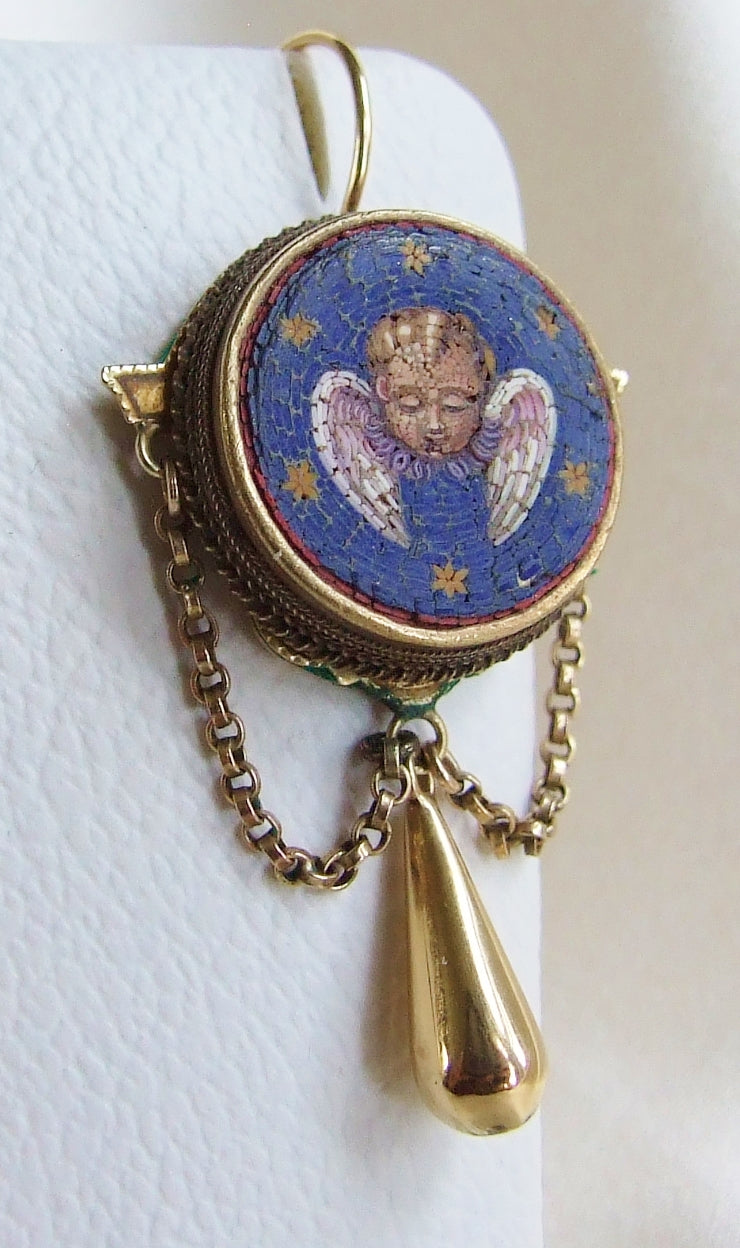 Rare and Incredible Mid 19th Century Micro Mosaic Cherub Angel Earrings